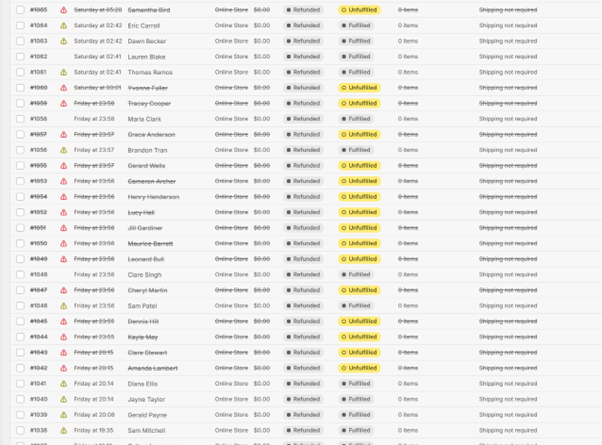 a screenshot of a Shopify order list