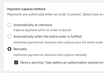 A screenshot of the manual payment capture setting