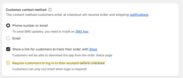 A screenshot of the Shopify checkout settings